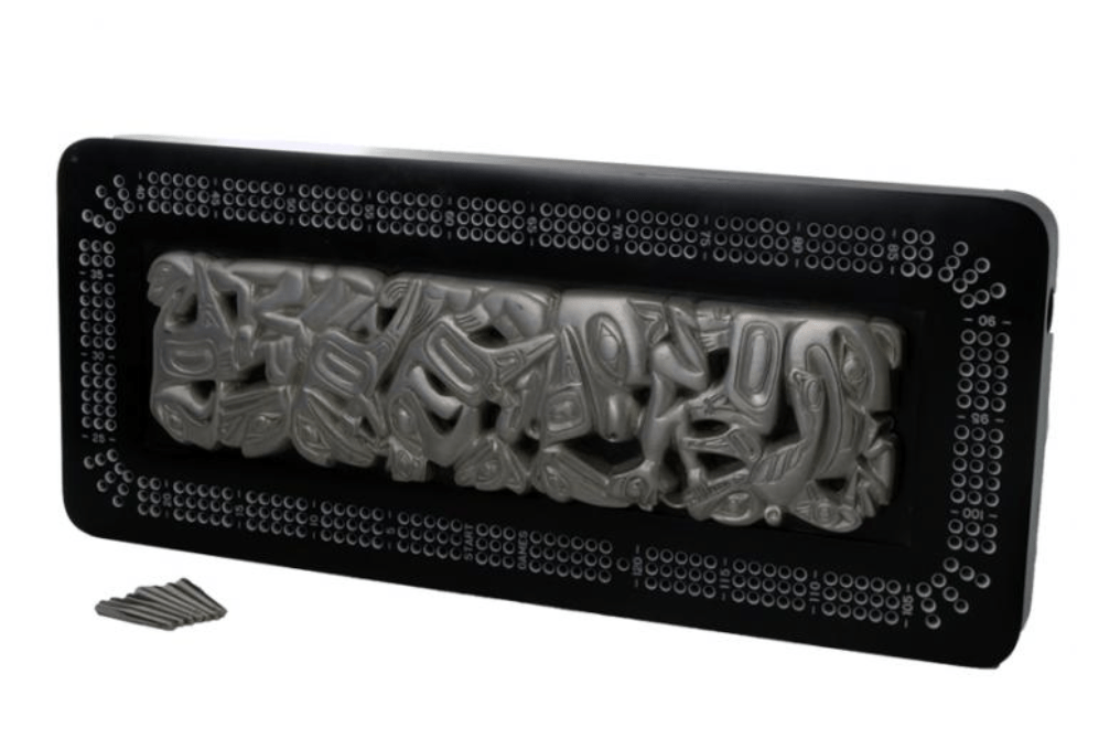 Native Panel Pipe Design Pewter Inlaid Cribbage Board