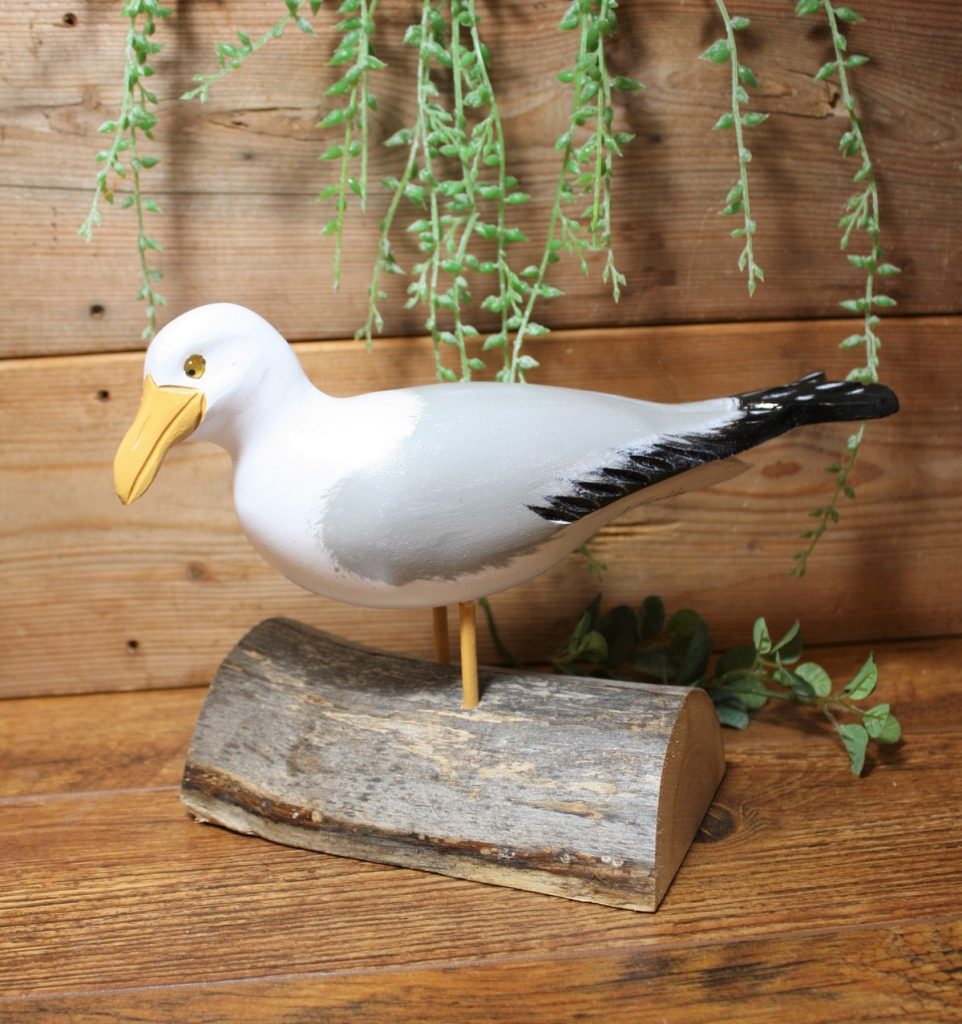 Hand Carved Wooden Seagull on Stand